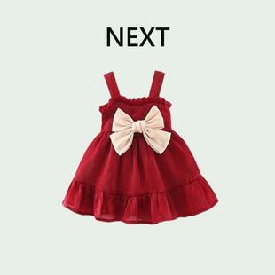 英国NEXT女童连衣裙夏季2023新款周岁女宝宝公主裙蝴蝶结吊带礼服