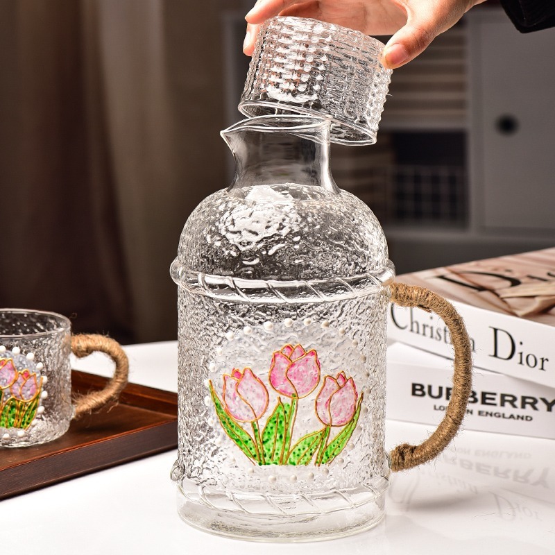 日式耐高温家用冷水壶玻璃大容量手绘花卉麻绳凉水壶水杯套装