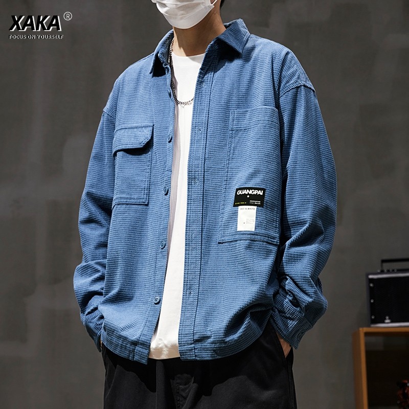 xaka华夫格重磅工装休闲宽松外套男日系复古潮牌衬衫长袖春秋夹克