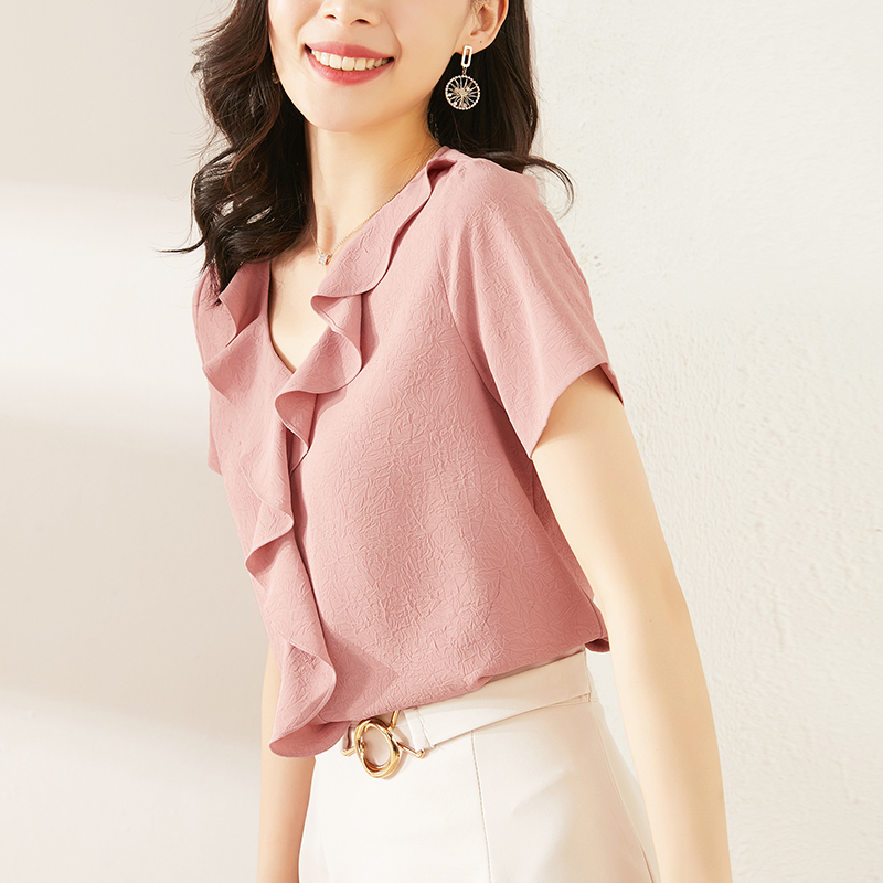 纯色女款新品荷叶边雪纺衫女短袖夏季新款上衣百搭时尚修身洋气小
