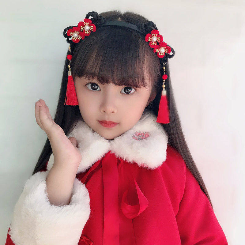 汉服头饰女童冬季新款古风流苏发g新年拜年可爱古典一体压后发箍