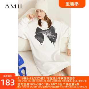 Amii加绒卫衣裙女2022冬季新款蝴蝶结珠片休闲百搭中长款连衣裙