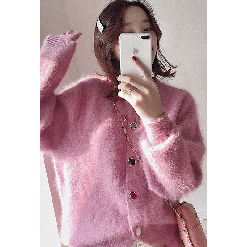 蜜桃粉毛衣外套女2021秋冬新款藕粉色仿水貂绒马海毛软糯针织开衫