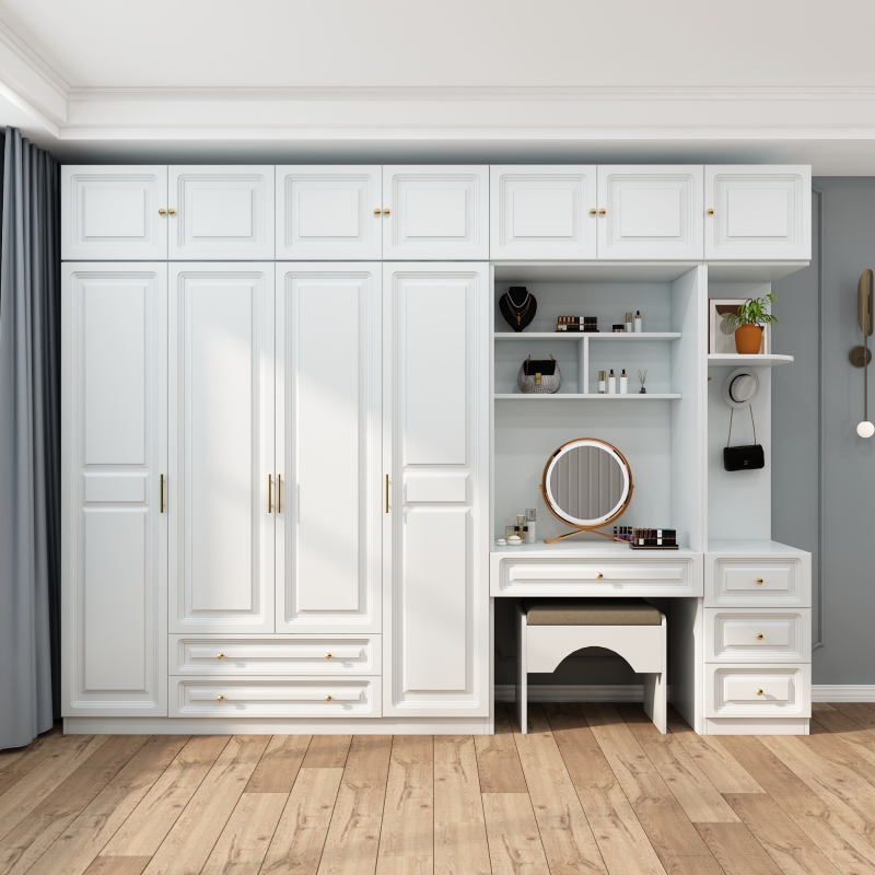 实木衣柜卧室家用书桌梳妆台一体开门组合柜子简约现代儿童大衣橱