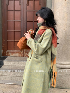 欣子野【绿光】秋冬气质复古大衣小众设计女羊毛毛呢长外套风衣女