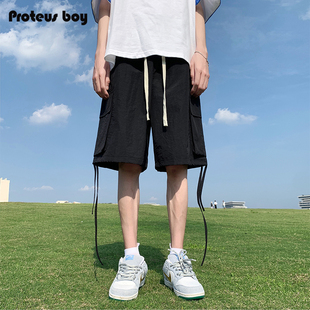 ProteusBoy短裤男夏季款男士冰丝凉感工装直筒系带宽松五分中裤子