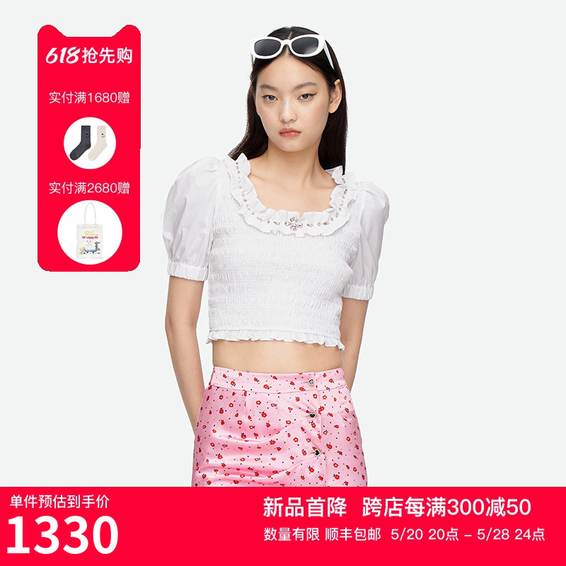 HERLIAN 夏季新品 度假系列泡泡袖短款水钻圆领修身上衣 女