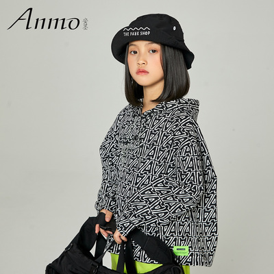 anmo安墨女童秋冬童装连帽波纹印花宽松普通外套