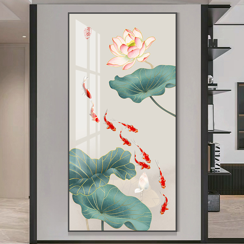 九鱼图玄关装饰画新中式入户走廊过道壁画竖版轻奢大气正对门挂画