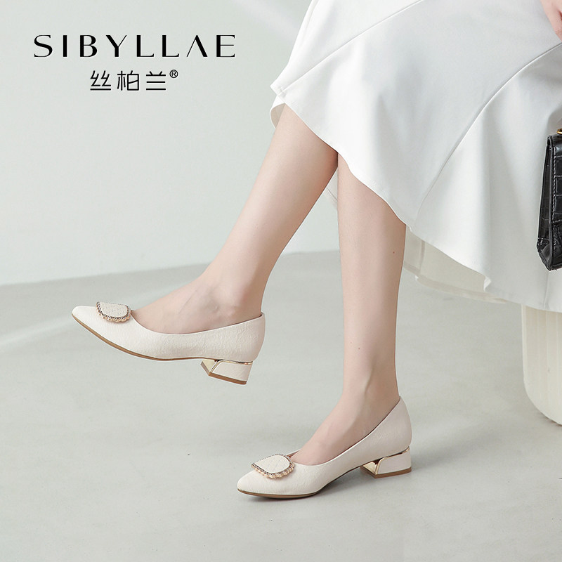 丝柏兰女鞋2022春季新款粗跟一脚蹬英伦风尖头小皮鞋浅口女士单鞋