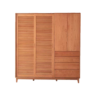 北欧日式樱桃木衣柜全实木卧室家用大容量衣橱日式百叶推拉大衣橱