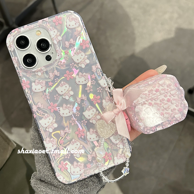 粉色镭射HelloKitty蓝牙耳机壳适用苹果15手机壳iphone14promax女款15pro新款13防摔12硬壳11硅胶女生高级感