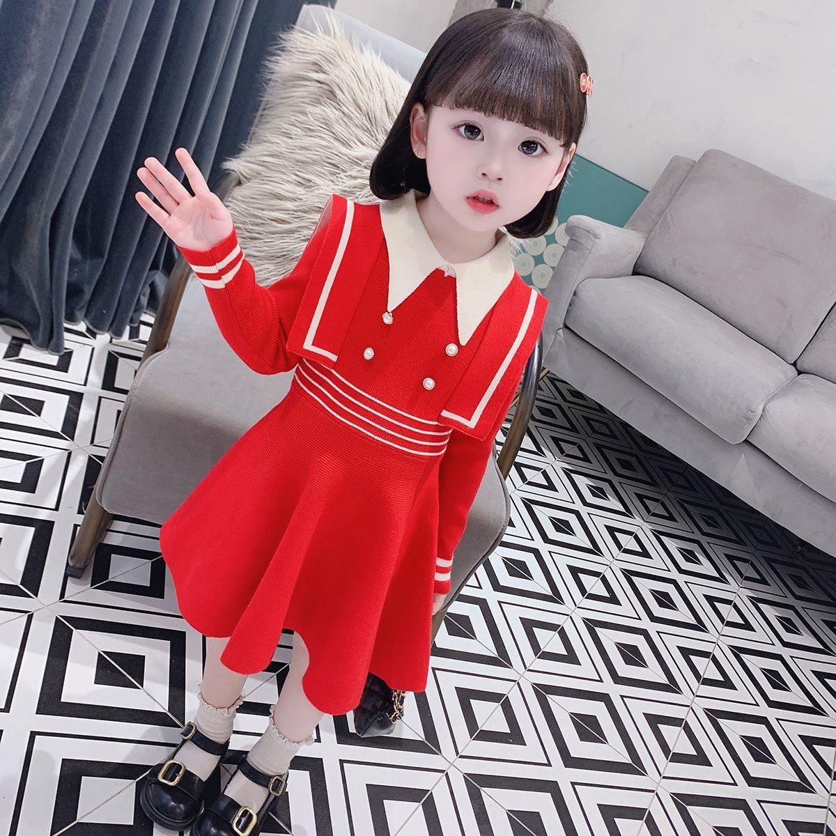 韩国女童秋装连衣裙新款儿童小女孩学院风裙子针织裙女宝宝毛衣裙