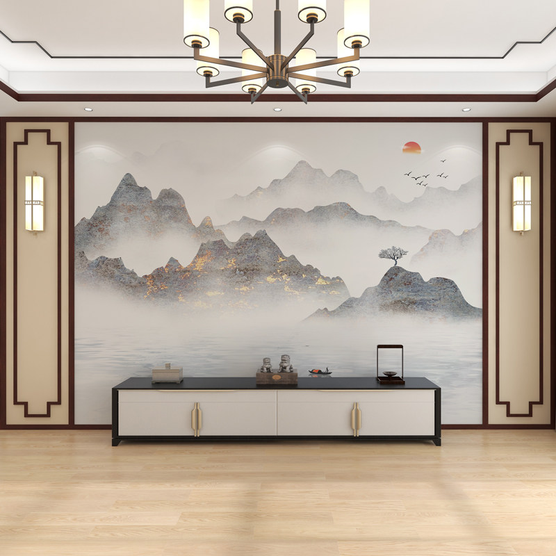墙纸定制新中式电视背景墙壁纸客厅沙发装饰淡雅山水影视墙布壁画