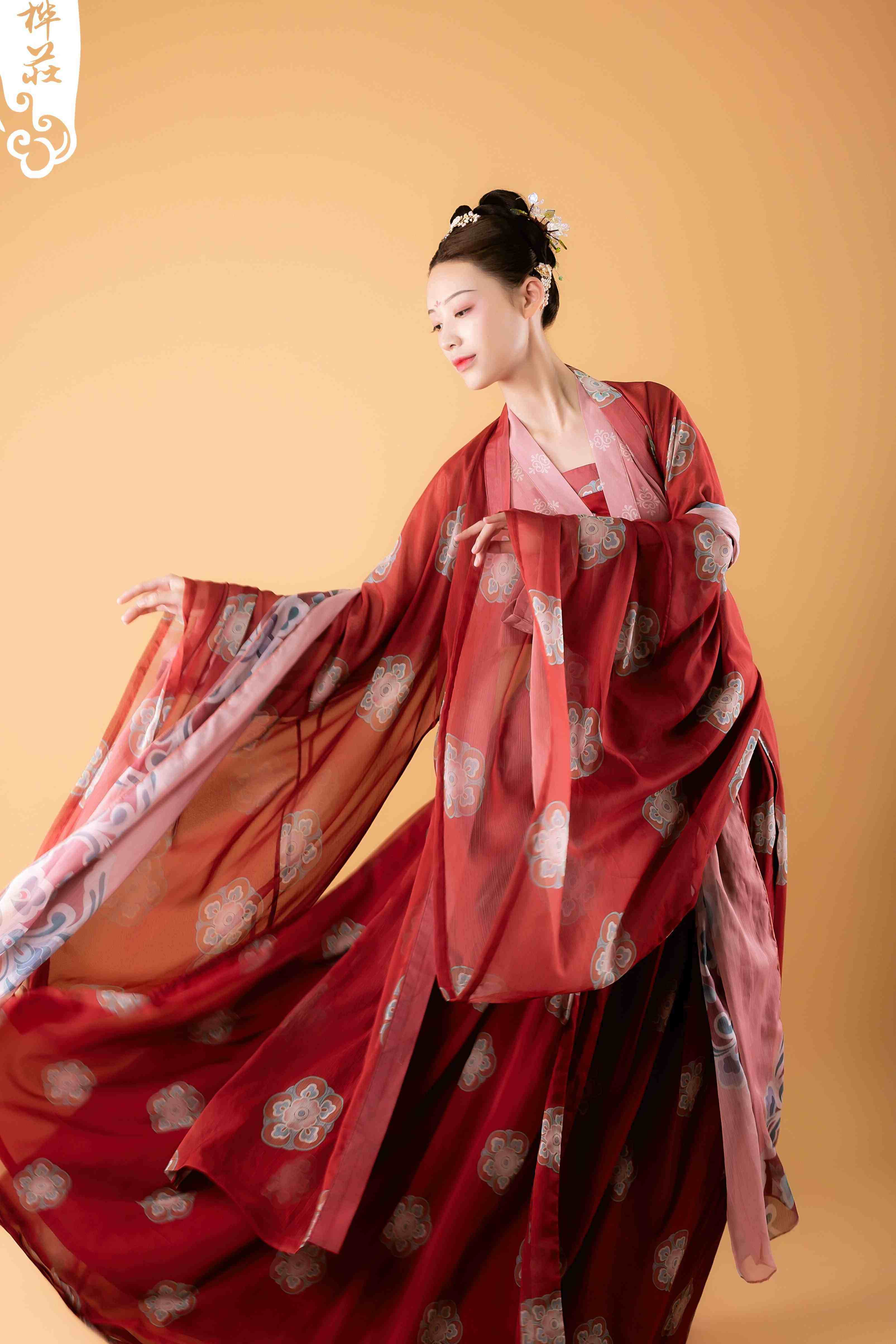 朝桦庄大袖唐风复原团花纹样汉服