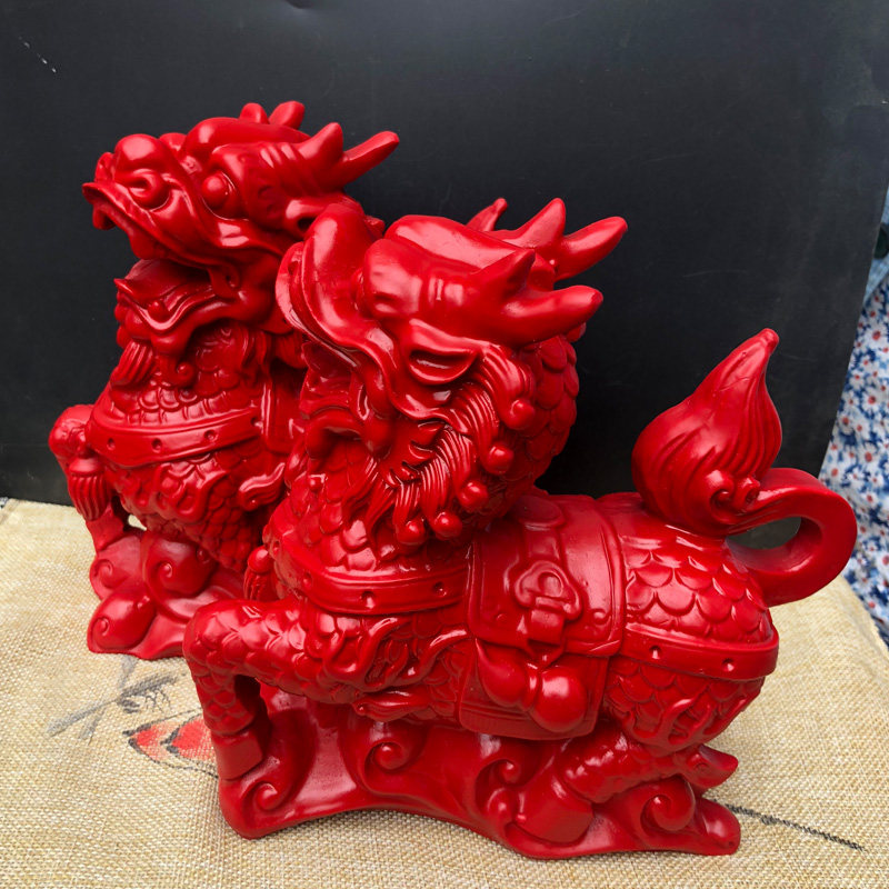 高档天麟朱砂红麒麟摆件店铺开业大号送子火麒居摆设一对家然奢华