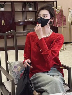 新中式女装红色旗袍国风小衫女早春季衬衫T恤本命年内搭打底上衣