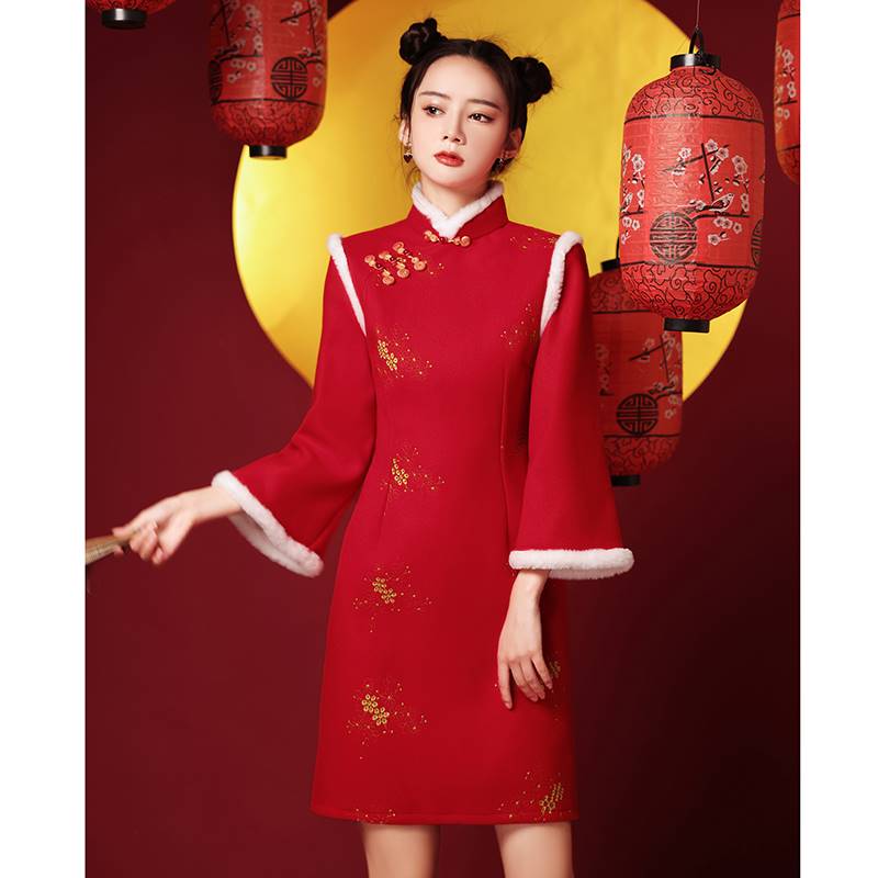 改良旗袍拜年服过年加绒加厚唐装敬酒服中国风女装连衣裙秋冬礼服