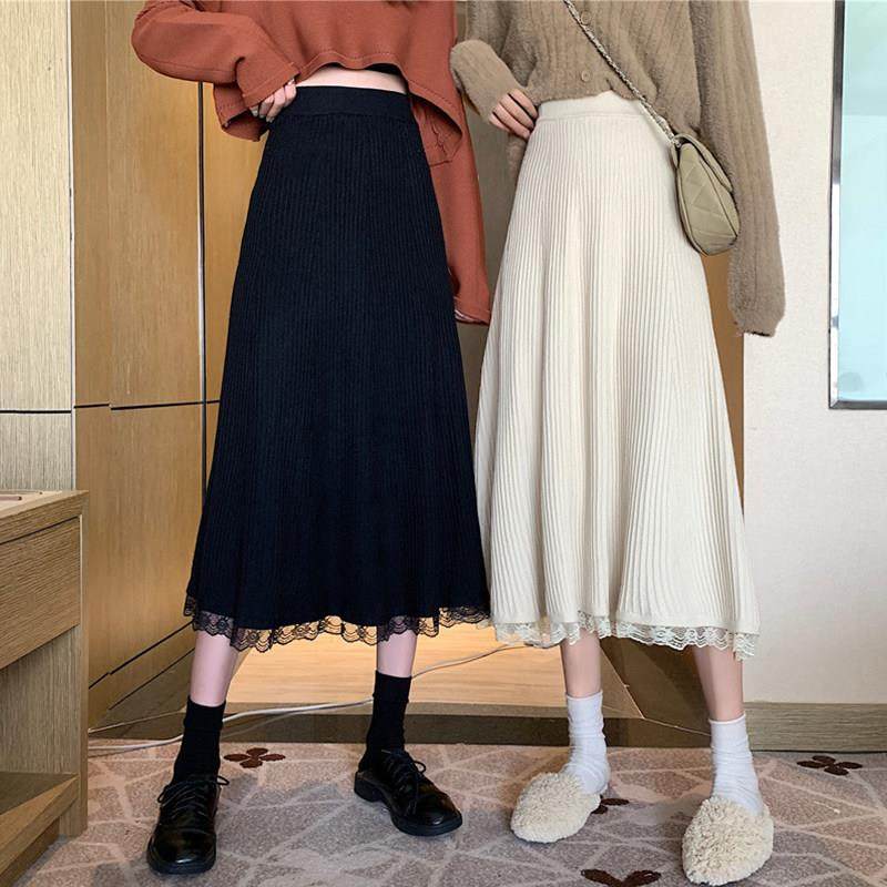专柜黑色针织半身裙女秋冬高腰小个子中长款加厚a字花边大摆伞裙
