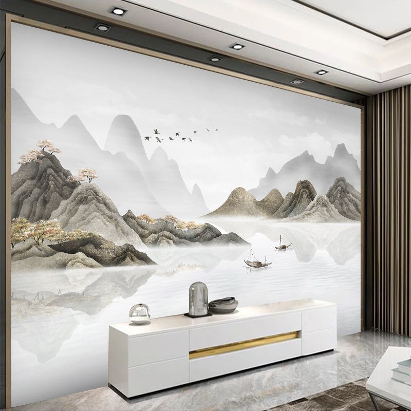 代购2021年新款客厅电视墙布背景墙壁画布3d无缝影视墙画中式山水