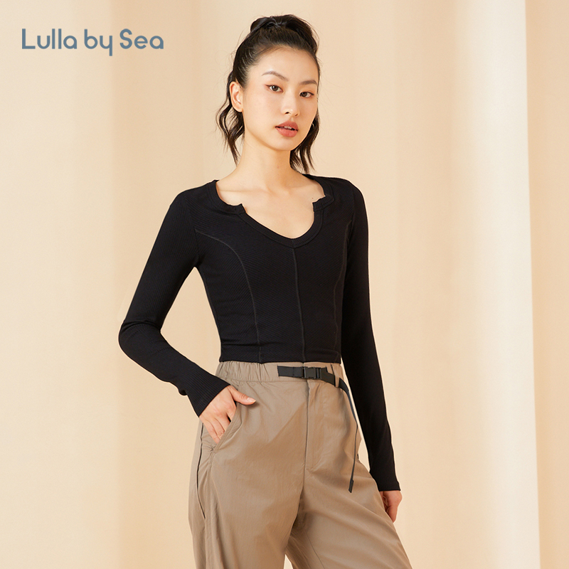 Lulla by Sea| Dance V领针织衫辣妹修身罗纹弹力健身长袖T恤