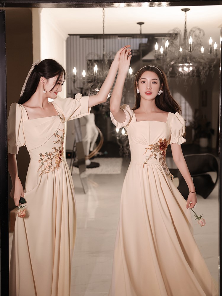 香槟色伴娘服长款姐妹团旗袍中式晚礼服连衣裙2022新款冬季显瘦女
