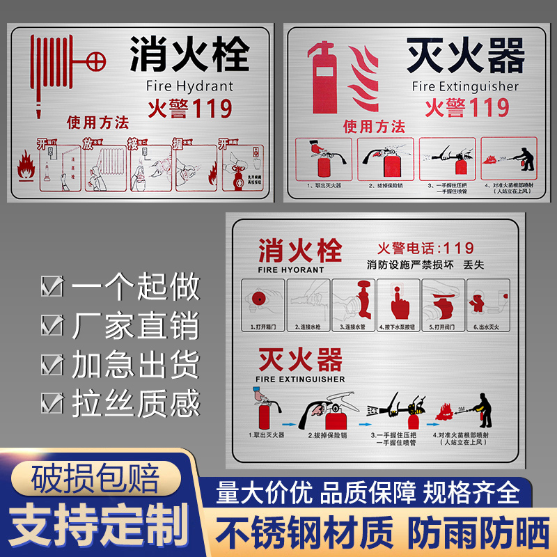 不锈钢灭火器使用方法标识牌消防栓使用方法消防安全标标志牌消防栓灭火器放置点标识牌消防警示标识定制