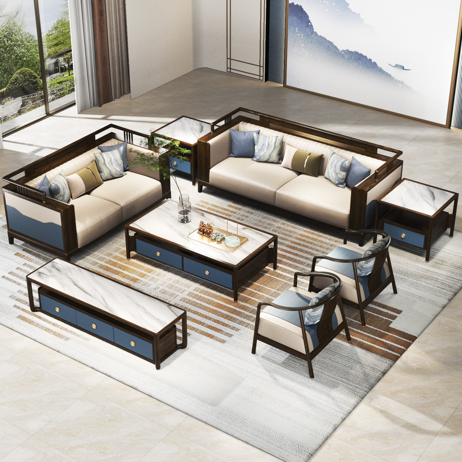 新中式实木沙发组合轻奢高档别墅大小户型现代简约客厅全实木家具