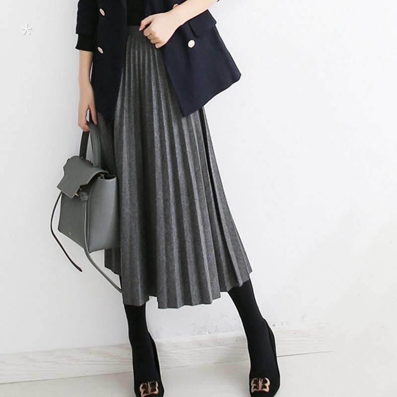 潮牌冬季毛呢半身长裙女2021新款高腰休闲a字灰色中长款百褶裙子