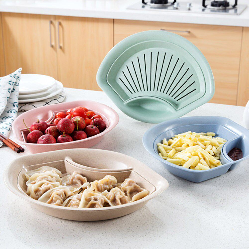 小麦秸秆扇形饺子盘双层沥水盘带醋碟水饺盘寿司水果盘纯色餐具