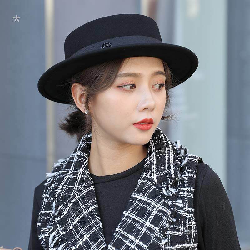日本网红黑色羊毛平顶小礼帽女秋冬英伦复古爵士帽百搭毛呢帽子