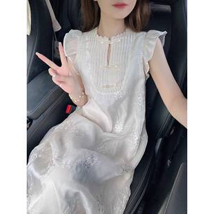 高级感小飞袖白色连衣裙女装夏季新中式国风高端刺绣小个子长裙子