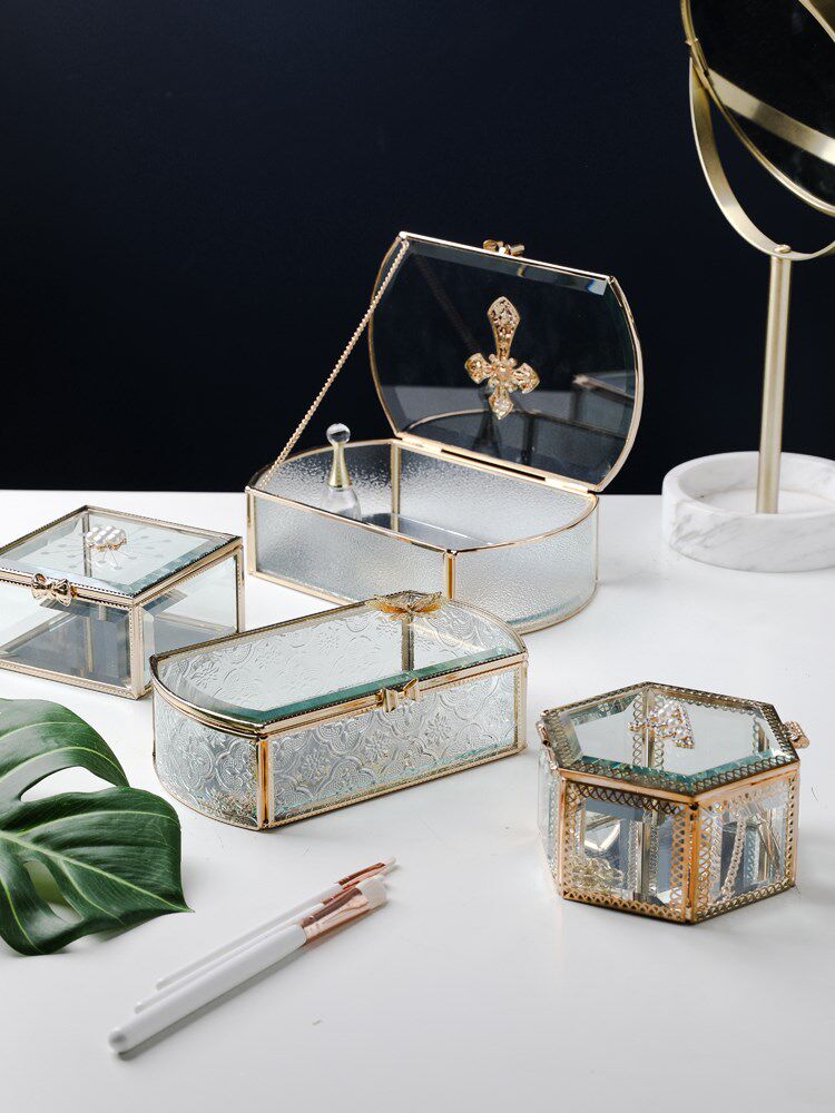 欧式复古小奢华创意玻璃首饰盒饰品收纳盒桌面公主珠宝首饰展示盒