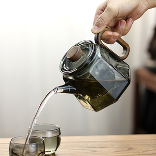 透黑耐热玻璃泡茶壶 八角方形冲茶器木把500ml花茶壶功夫茶具单壶