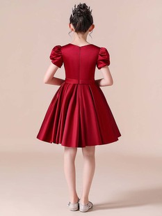 女童礼服公主裙新款春夏季红色缎布主持礼服诗朗诵短袖钢琴演出服