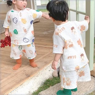 清货巴拉巴柆儿童睡衣男童纯棉纱布夏季薄款婴儿宝宝家居服套装短