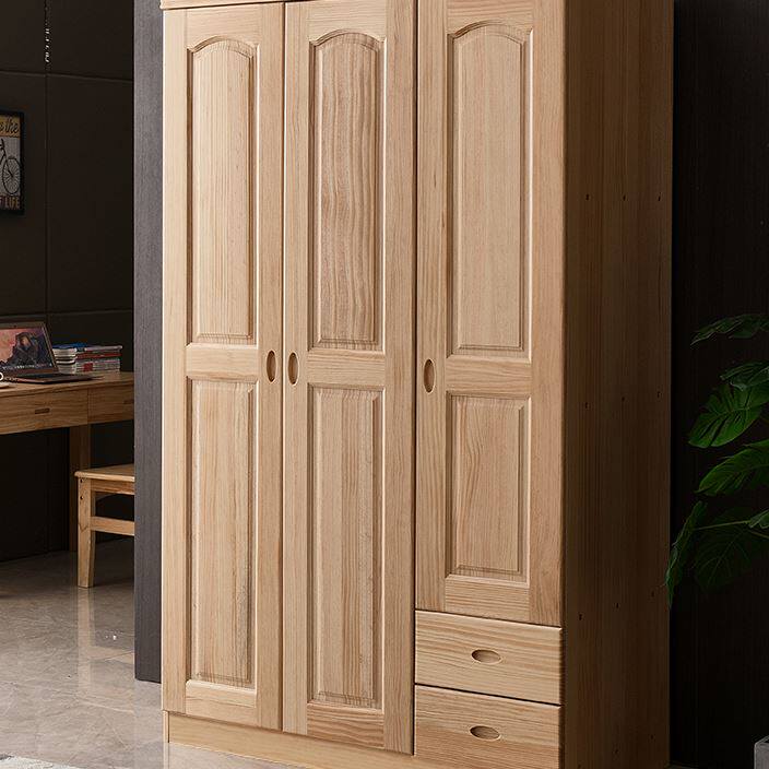 实木衣柜简约松木衣柜两门三门儿童成人平开门衣柜原木色卧室衣橱