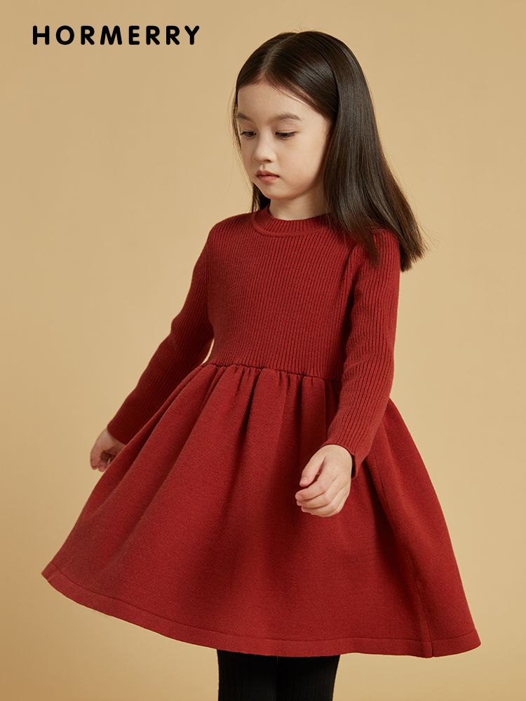 赫米童装21秋冬新款儿童针织连衣裙女童纯色新年裙子毛衣裙