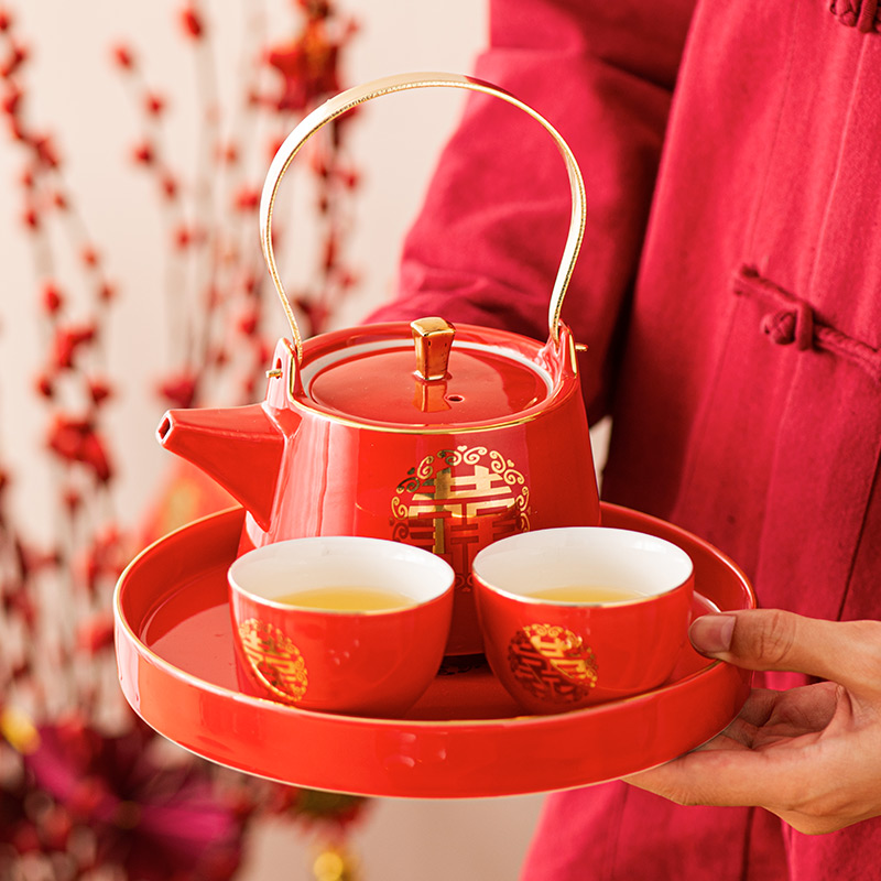 敬茶套装一整套陶瓷功夫茶具红色喜庆改口杯陪嫁婚庆用品茶杯托盘
