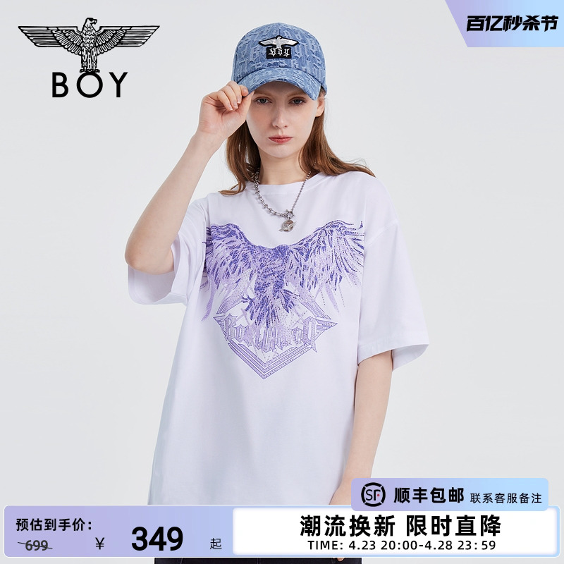 BOYLONDON潮牌短袖情侣装夏季烫钻老鹰LOGO时尚休闲白色T恤N01913