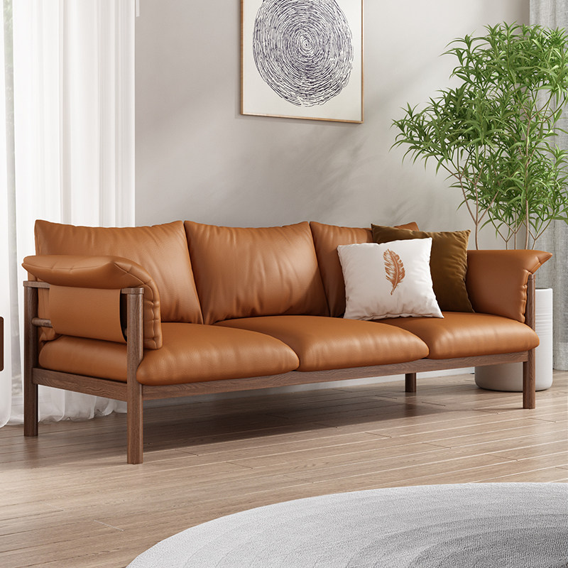 北欧实木皮艺沙发小户型日式简约原木风三人双人设计师白蜡木家具