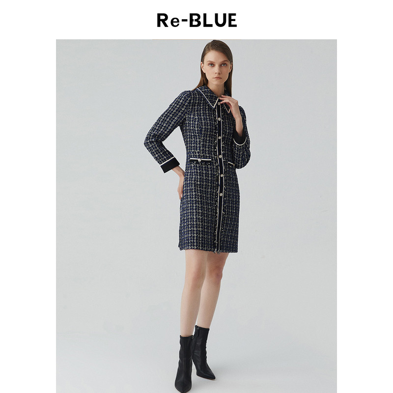 re-blue轻奢优雅女装时髦小香风粗花呢翻领长袖单排扣收腰连衣裙