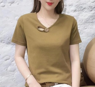 V领镂空钉珠短袖T恤女2024夏季新款时尚洋气韩版气质百搭显瘦上衣