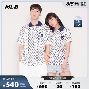 MLB官方 女士POLO衫复古老花满印短袖休闲T恤夏季PQM50