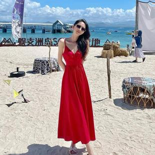 红色沙滩裙雪纺吊带连衣裙女超仙三亚高级感旅游海边度假裙子夏季