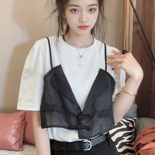 女士韩版假两件短袖T恤夏季拼接马甲设计感圆领休闲小衫半袖上衣