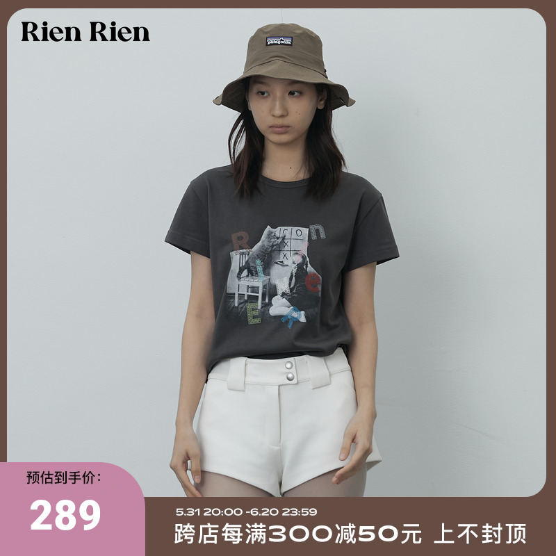 Rien Rien 复古猫咪印花彩色字母刺绣T恤｜圆领休闲上衣