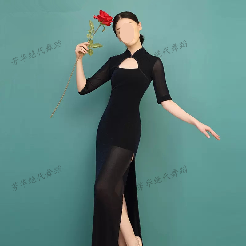 古典舞旗袍舞蹈服女中国舞练功服黑色闪光连衣裙开叉民族风演出服