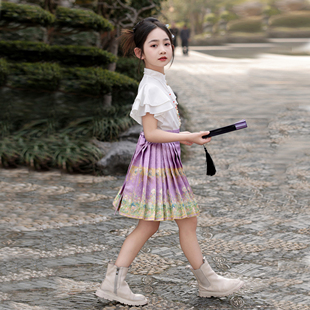 儿童马面裙短款夏款汉服套装女童中国风唐装2024年新款短袖半身裙