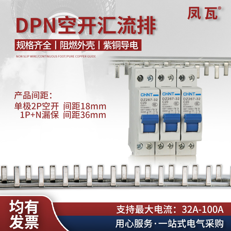 DPN漏电流排1P+63A紫铜排单汇极N两匹微铜型空开断路器汇凤瓦流连